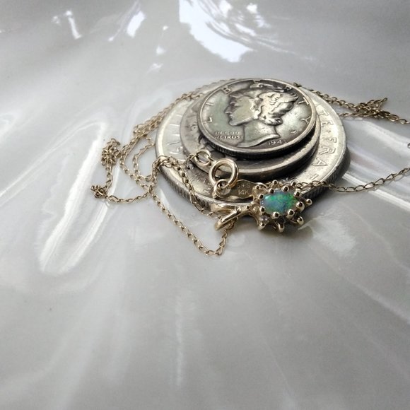 Solid 14kt Gold & Opal w/Diamond Necklace - Picture 3 of 5